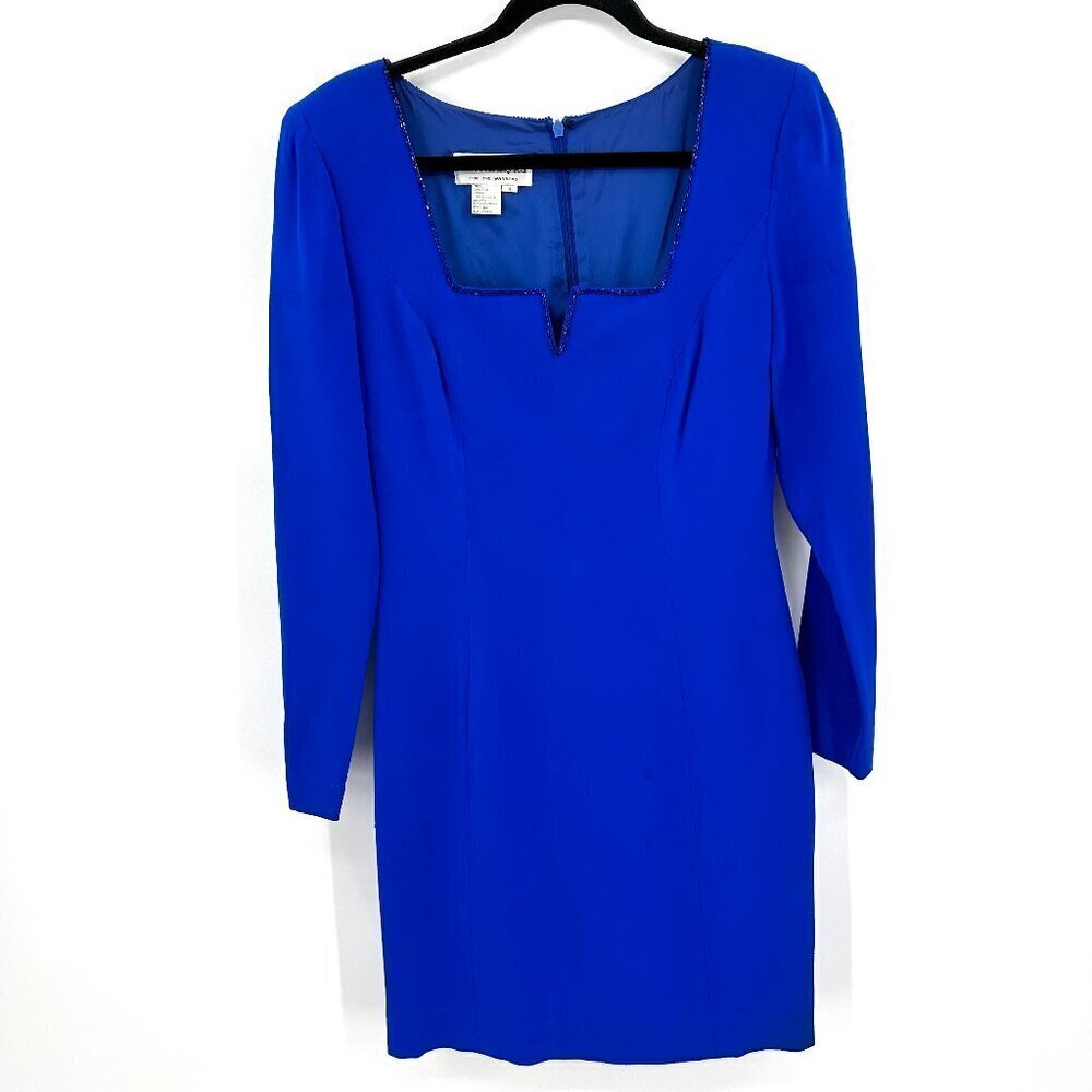 MORTON MYLES Vintage Cobalt Blue Beaded Neck Shoulder Pad 100% Silk Mini Dress 4